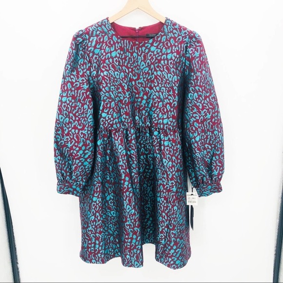 HALOGEN X ATLANTIC-PACIFIC Leopard Print Brocade Teal Maroon Dress Sz Small NEW - Picture 2 of 11